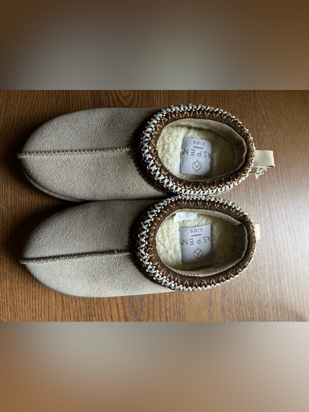 Kids Cozy Slip-On Moccasin Slippers in Tan with Faux Shearling